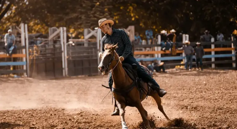 A rider wearing a cowboy hat guides a horse around a dusty arena during a western riding session, illustrating the versatility of American Quarter Horses.