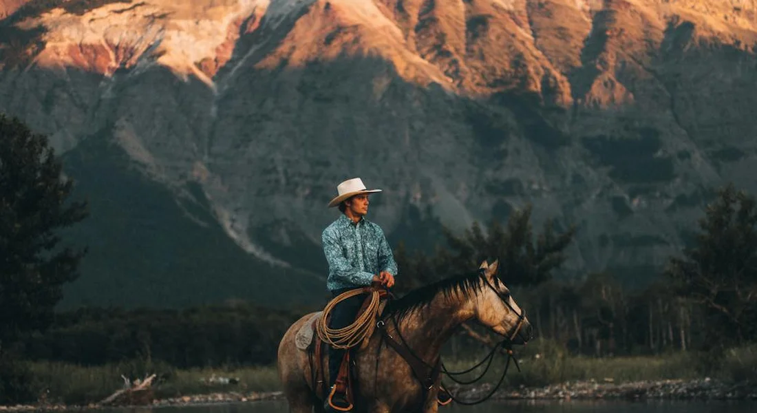Rider on horseback wearing a hat and turquoise shirt, holding a lariat, with mountains at dusk in the background.