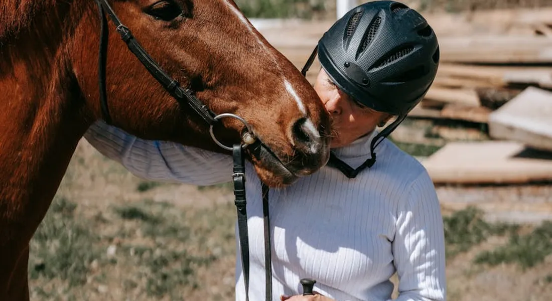 Rider in a helmet gently calming a horse's head outdoors, illustrating calm handling during a tense moment.