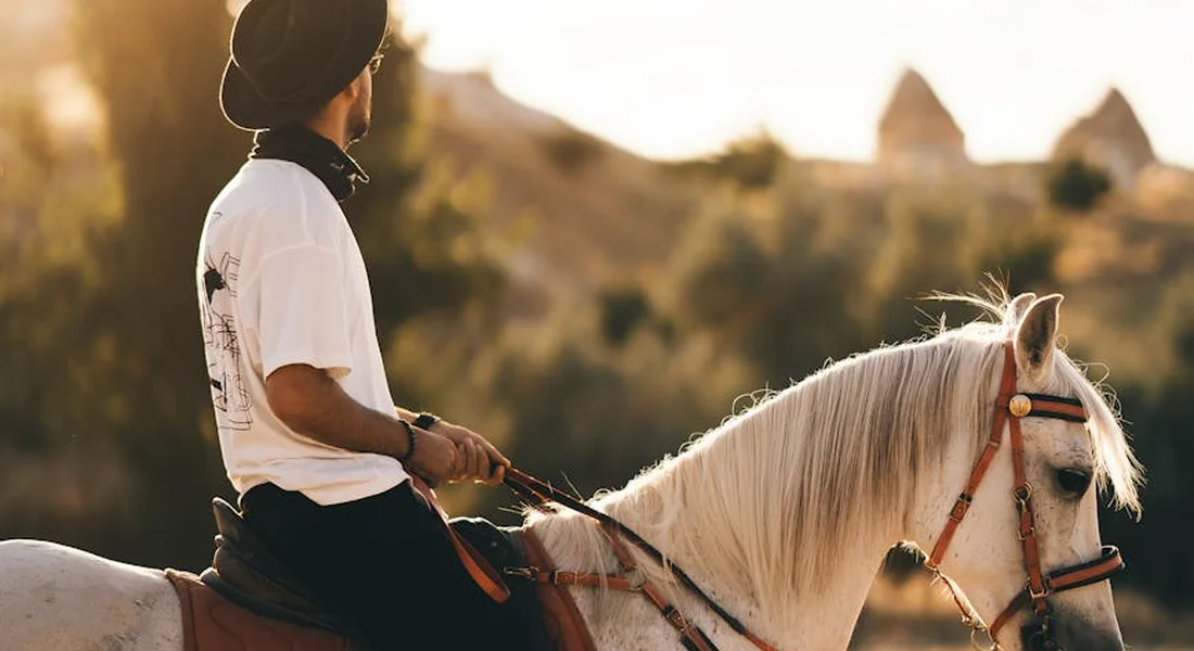 A rider wearing a black helmet and white shirt sits tall on a white horse during golden-hour riding in a rural setting.