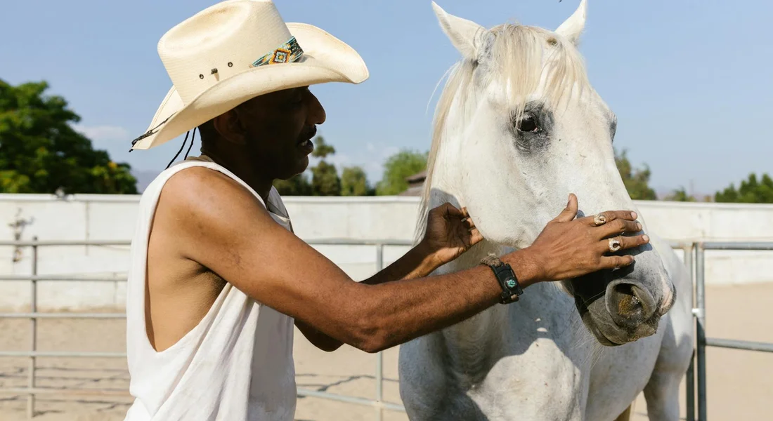 A man in a white sleeveless shirt and a cowboy hat gently holds the face of a white horse in a sunny outdoor arena.