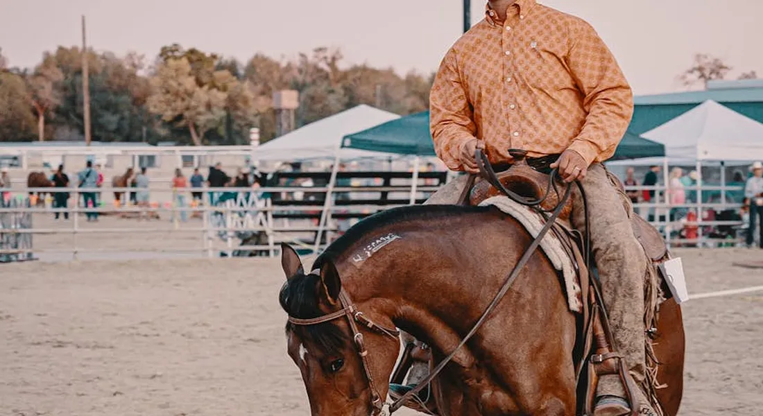 Rider on horseback in an arena, wearing an orange checkered shirt, holding the reins as the horse moves; tents and spectators visible in the background.