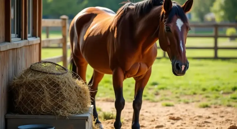 Horse standing near a bale of hay by a stable, highlighting forage as a key component of a healthy horse diet.