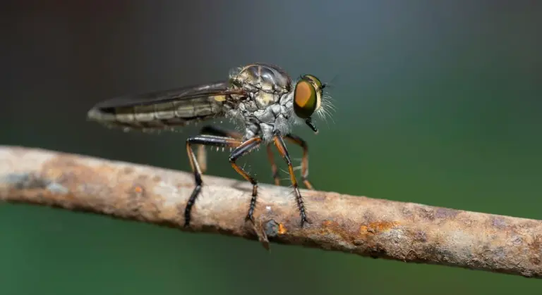 Close-up of a horse fly perched on a thin branch, showing its large yellow eyes, metallic body, and spiny legs
