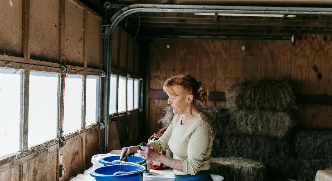 A woman in a horse barn stands by a counter with blue water buckets, preparing supplies.