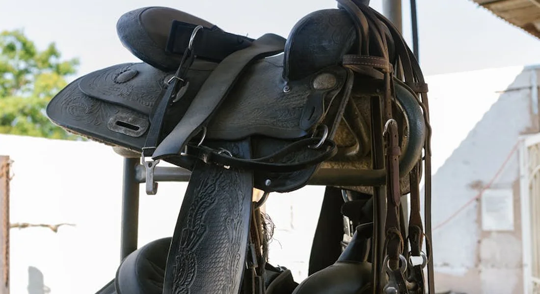 Saddle and horse tack hanging on a rack, prepared for easy access and organization.