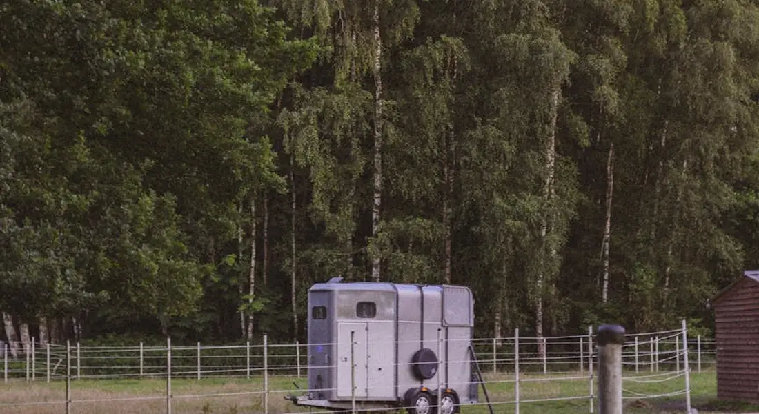A white horse trailer parked in a grassy field with a wooden fence and trees in the background