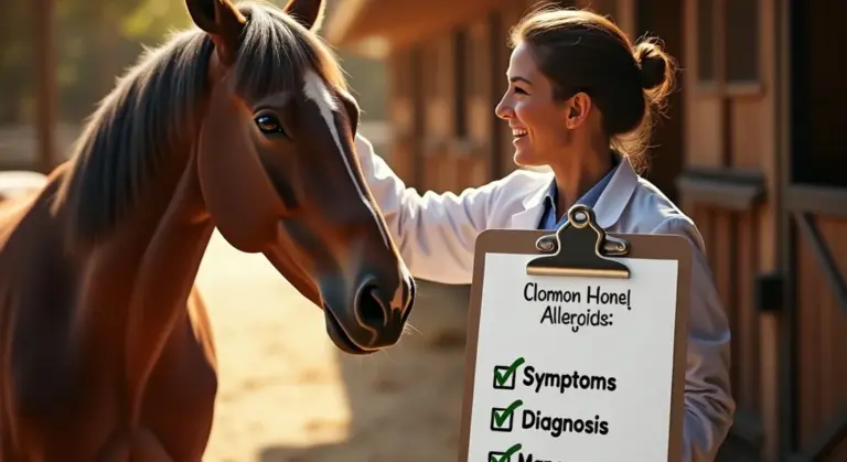 A person with a clipboard beside a horse in a stable; the clipboard shows a checklist titled 'Common Horse Allergies' with items like symptoms and diagnosis.