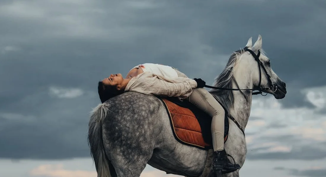 A person lying back on a gray horse with a saddle against a cloudy sky