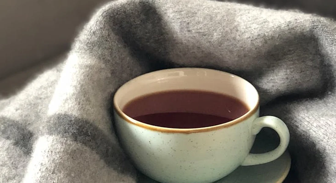 A soft gray horse blanket spread flat on a surface with a pale blue teacup resting on top.