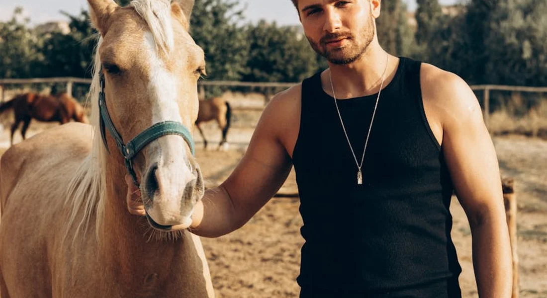 A trainer stands beside a light-colored horse in an outdoor riding arena, preparing to introduce the vibration of clippers to the horse.