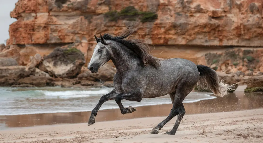 Gray horse galloping along a sandy beach with rocky cliffs in the background.