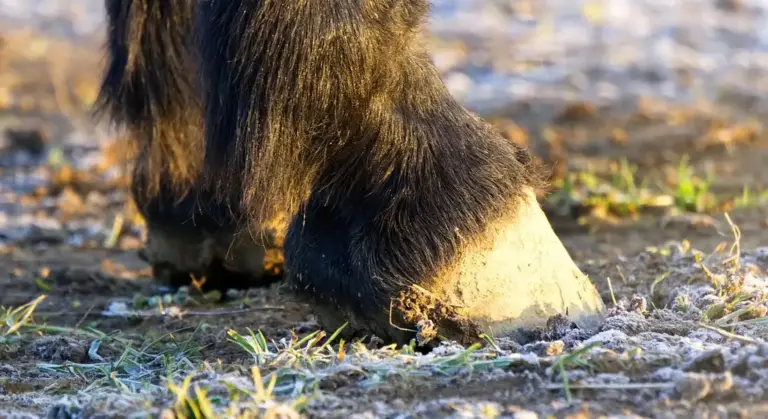 Close-up of a horse's hoof and lower leg on a dirt surface with sparse vegetation.