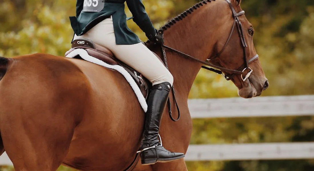 Close-up of a rider in a green jacket and tall riding boots on a brown horse beside a white fence.