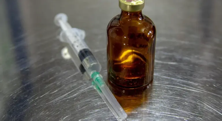 A syringe beside a brown medicine bottle on a stainless steel table, illustrating equine veterinary medications.
