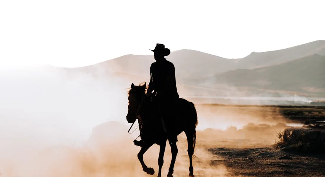Silhouette of a rider on a horse traversing a dusty trail with mountains in the background.