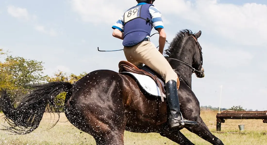 A rider wearing a protective vest gallops a dark horse across an open field under a blue sky.