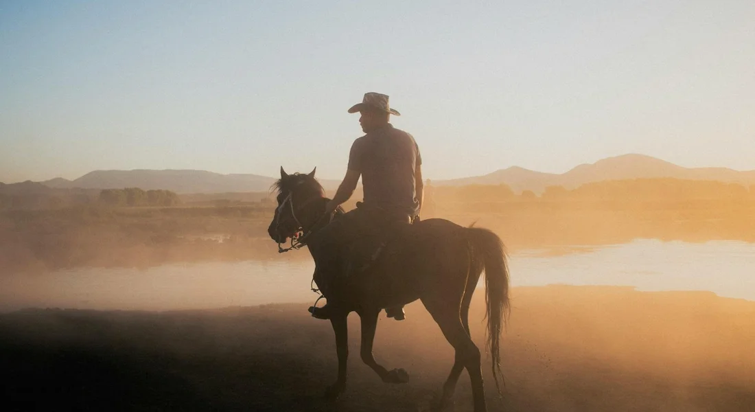 Silhouette of a rider on a horse at sunset, riding through a dusty landscape.