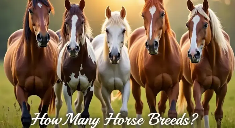 Six horses running toward the camera in a field at sunset, with the text 'How Many Horse Breeds?' overlaid.