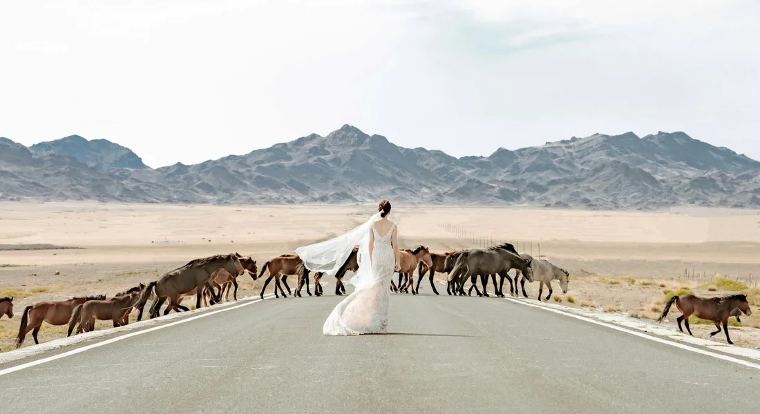 A person in a flowing white dress walks down a straight road, flanked by a herd of horses, with desert landscape and distant mountains in the background.