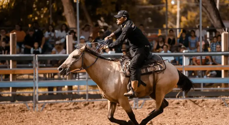 A police officer rides a horse during a training or demonstration in a fenced arena, with spectators in the background.
