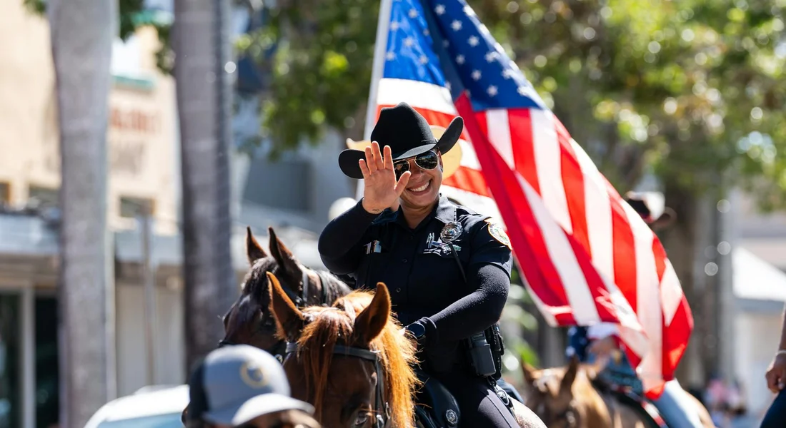 Police officer on horseback with an American flag in the background during a public event.