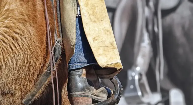 Close-up of a saddle with worn leather and a stirrup, showing common saddle damage.
