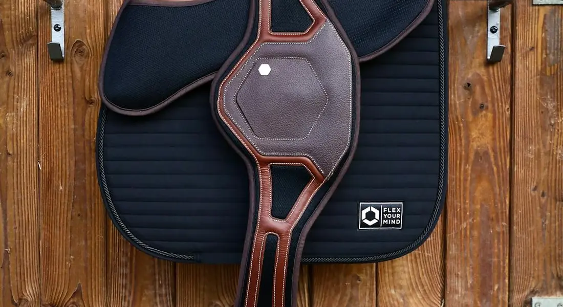 Leather saddle on a black saddle pad against a wooden wall, showing dry leather and hardware.