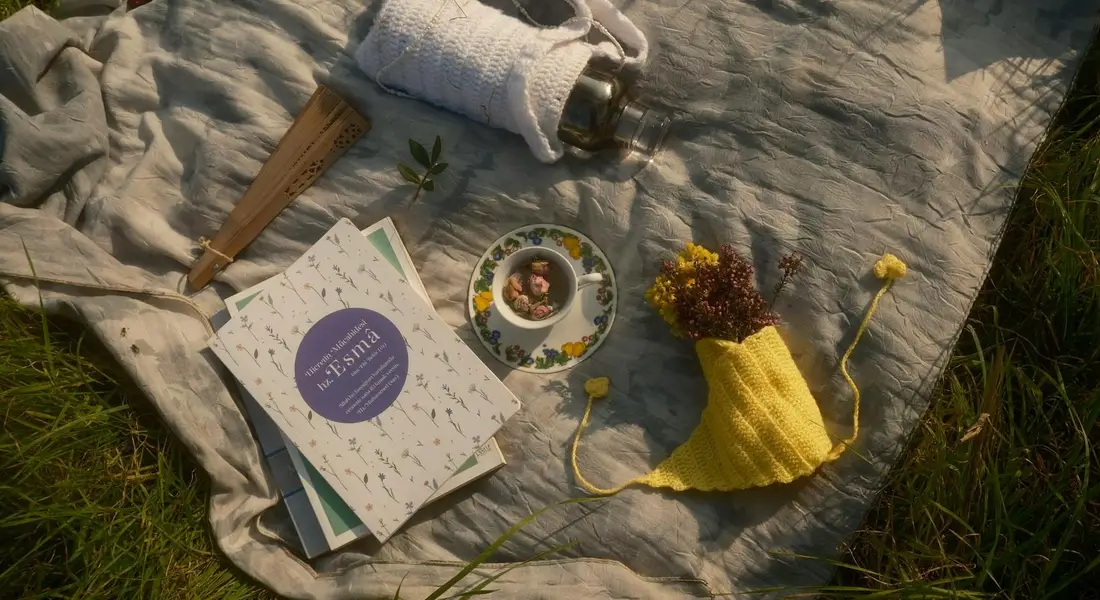A light gray blanket spread on grass with a book, a small plate, a plant sprig, and a yellow cloth.