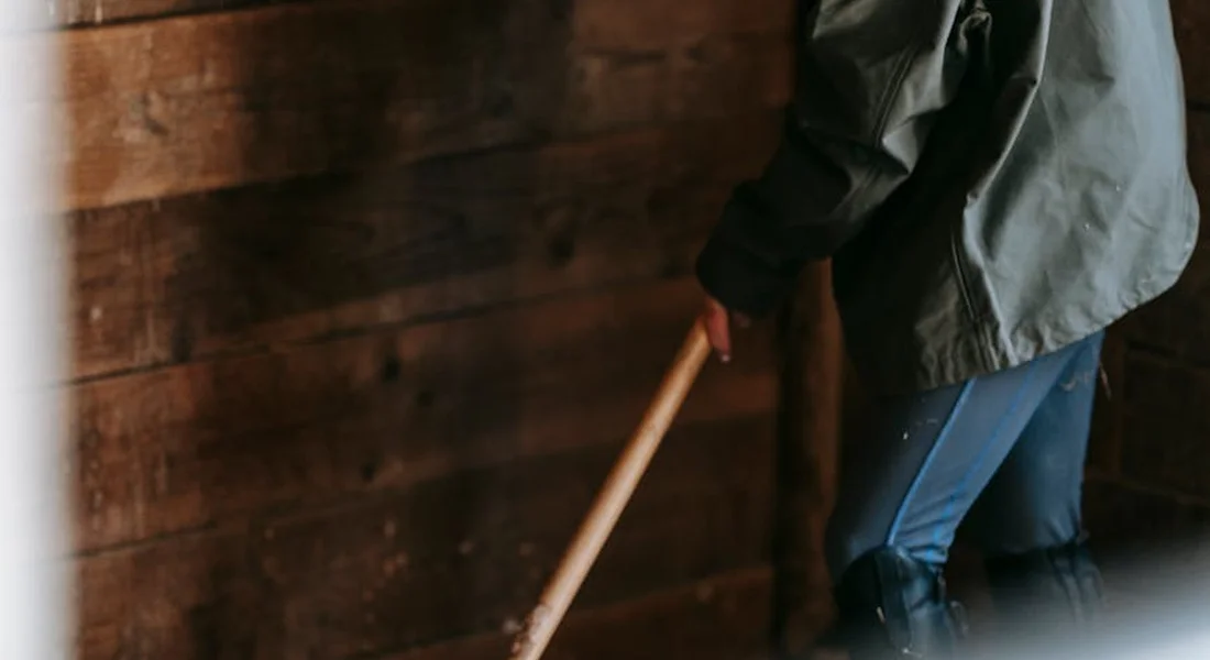 Person in a stable using a long-handled cleaning tool to sweep the stall.