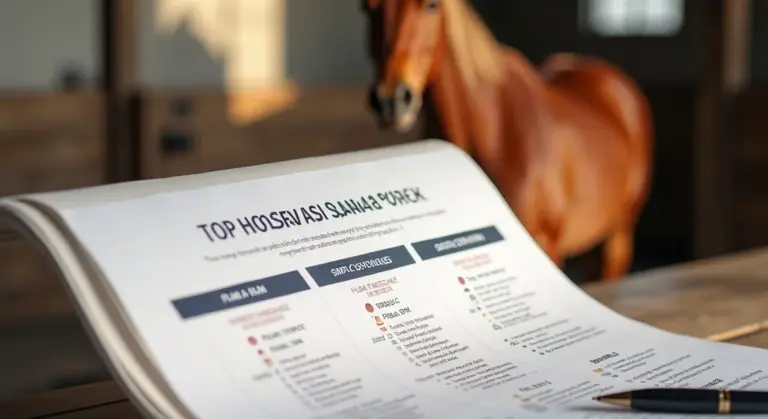 A printed comparison chart about horse insurance on a desk with a horse blurred in the background