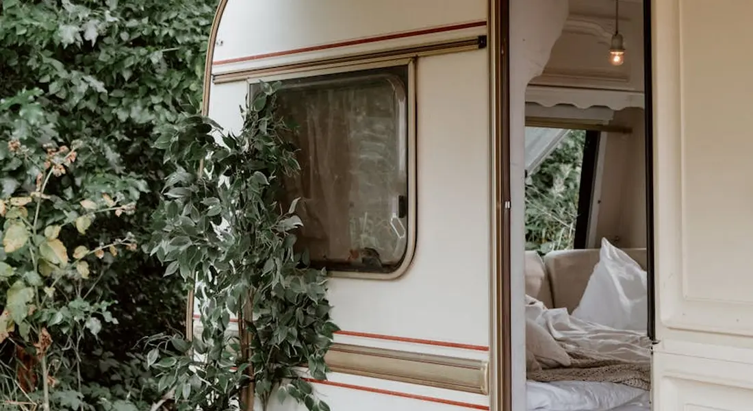 Exterior of a travel trailer with an open door showing a glimpse of the bed inside, partially obscured by leafy plants.