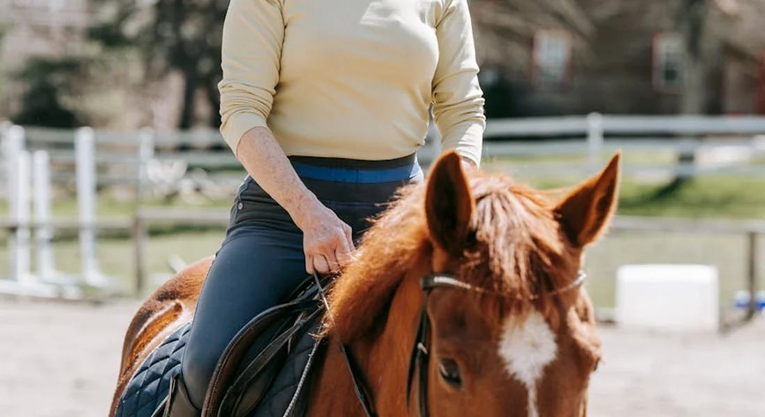 Rider in a light beige sweater on a chestnut horse with a white blaze, riding in an outdoor arena.