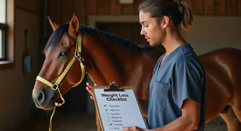 Animal health professional in blue scrubs stands beside an overweight horse, holding a clipboard that reads Weight Loss Checklist.
