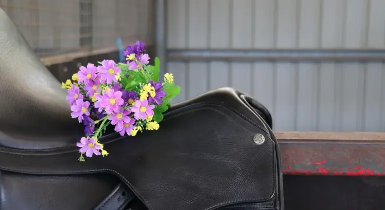 Close-up of a black leather saddle with a colorful bouquet of purple and yellow flowers tucked behind it in a stable.